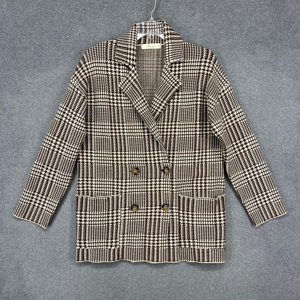 Molly Green Cardigan Blazer Women S Brown Houndstooth Plaid Double Breasted Knit